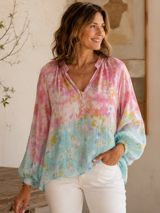 Pilcro Tops - Pilcro Anthropologie Pink Blue Crinkle Gauze Henley Top Balloon Sleeve L
